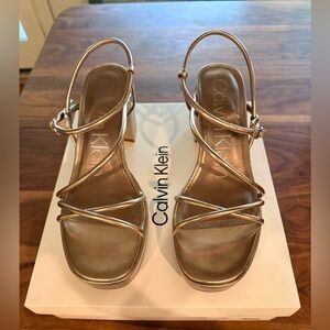 Calvin Klein Lilana Metallic Taupe Strappy Block Heel Sandals